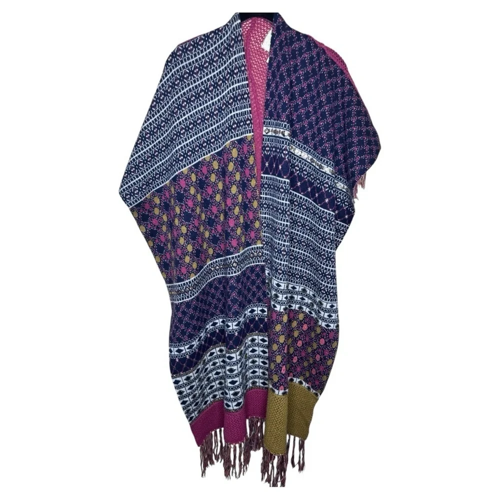 Anthropologie Angel of the North Patchwork Fringe Wrap Poncho Shawl One Size